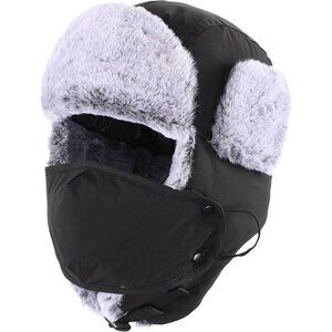 Men's Black Trapper Hat Faux Fur Trooper Hunting Cap with Face Mask
